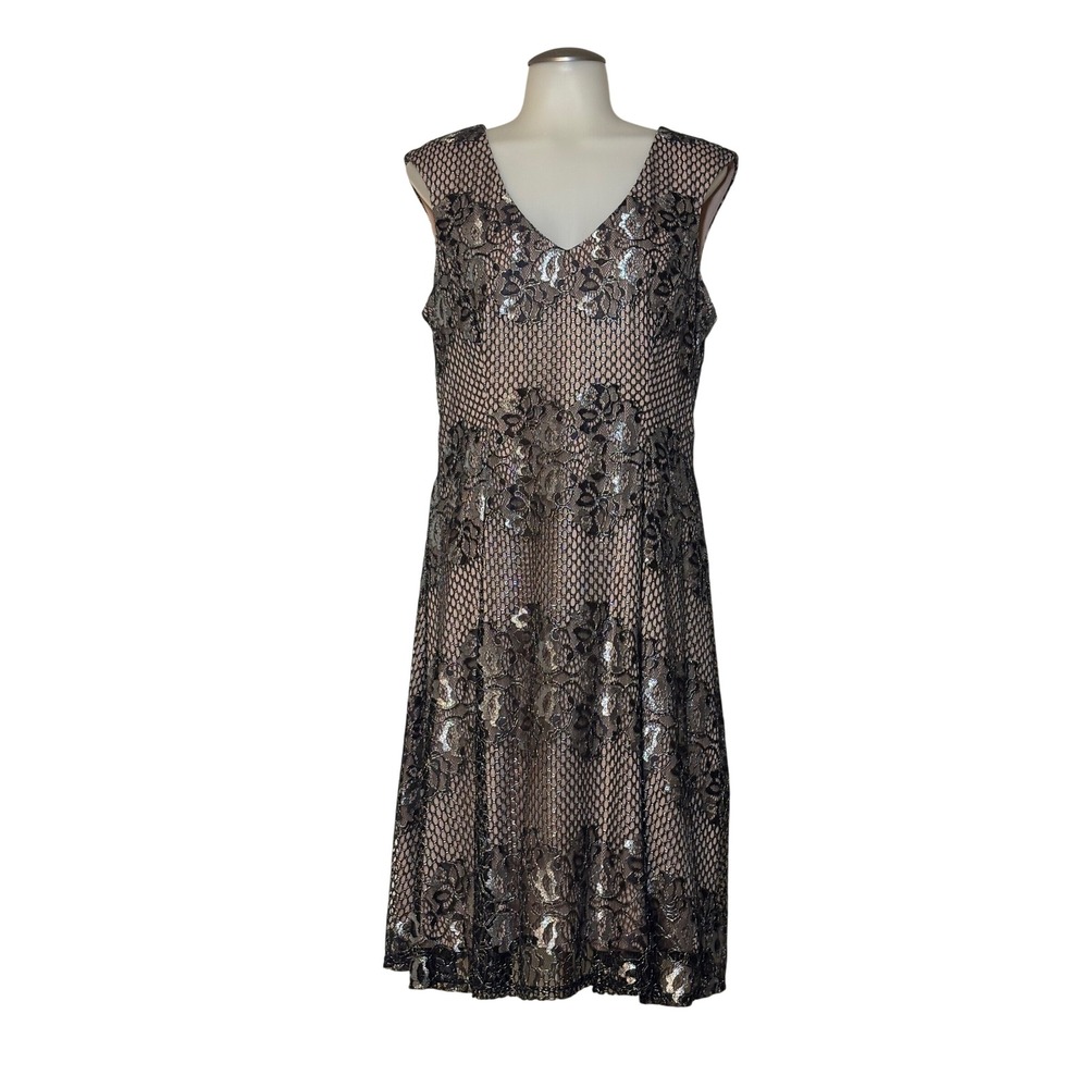 Glamour by Gabriella Skye Dress Women 12 Black Silver Lace Metallic Gorgeous EUC